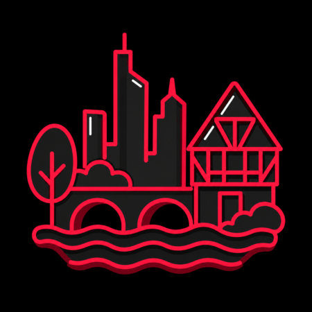 Firmenwebsites in Maintal – stilisiertes Stadt-Icon mit Mainufer, Brücke, Skyline und Fachwerkhaus