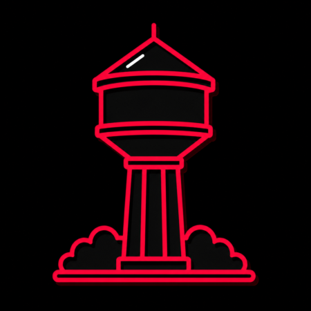 Firmenwebsites in Mörfelden-Walldorf – stilisiertes Stadt-Icon mit Wasserturm und reduzierter Baumlinie
