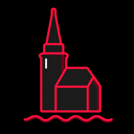 Stadt-Icon für Firmenwebsites in Waren (Müritz) mit stilisierter St.-Marien-Kirche und Wellenlinie