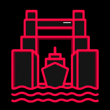 Minimalistisches Icon der Brunsbütteler Schleuse mit Frachtschiff für Firmenwebsites in Brunsbüttel.