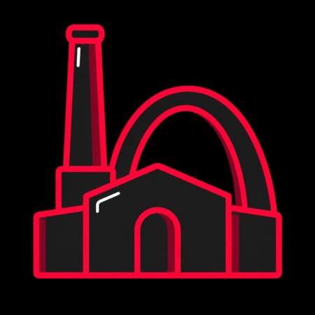 Minimalistisches Icon der historischen Carlshütte mit Schornstein und Kunstbogen für Firmenwebsites in Büdelsdorf.