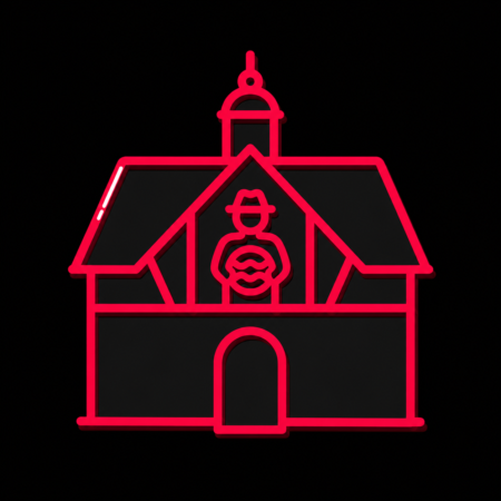 Neon-Stadt-Icon des historischen Rathauses mit Sauerkrautmann für Firmenwebsites in Büttelborn