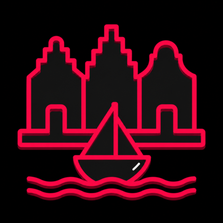 Minimalistisches Icon des Glückstädter Binnenhafens mit Giebelhäusern und Segelboot für Firmenwebsites in Glückstadt.