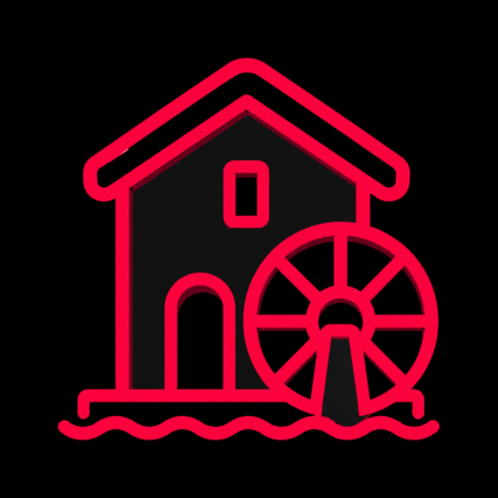 Minimalistisches Icon der historischen Gremsmühle mit Wasserrad für Firmenwebsites in Gremsmühlen.