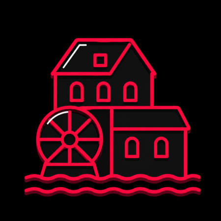 Firmenwebsites in Schwaan – Stadt-Icon der Kunstmühle Schwaan mit Mühlrad und Warnow-Wasserlinie