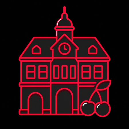 Neon-Stadt-Icon des historischen Rathauses mit Kirschen für Firmenwebsites in Witzenhausen